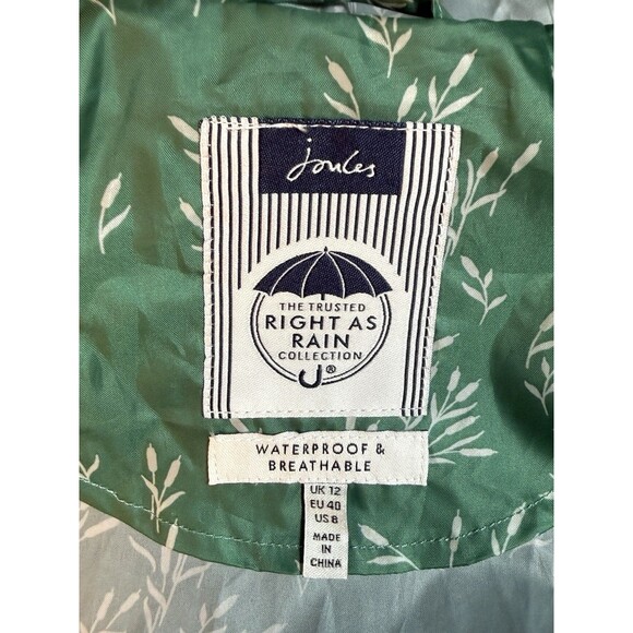 JOULES Right As Rain Jacket Size 8 Green Ditsy Waterproof Coat Hooded - Picture 5 of 15